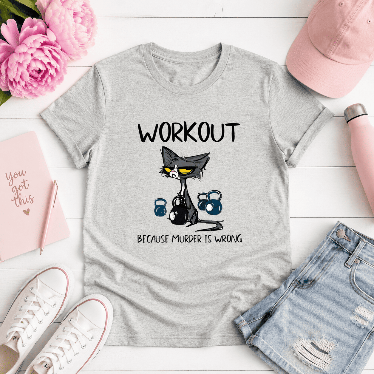 Women Funny Cat Kettlebell Graphic T-Shirt Gym Workout Lover Casual Tee Top