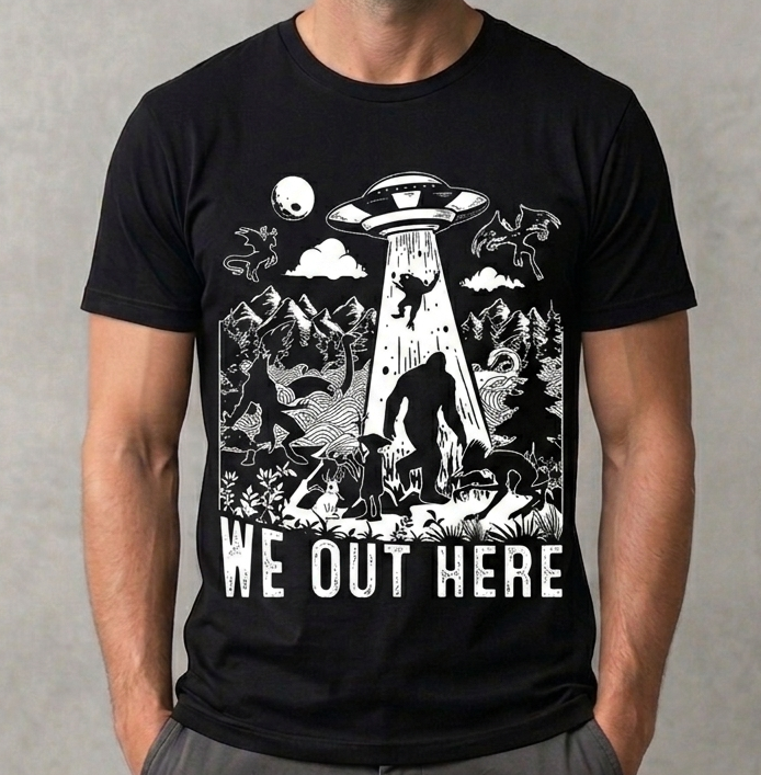 "We Out Here" Cryptid UFO T-Shirt - Funny Bigfoot Alien Graphic Tee