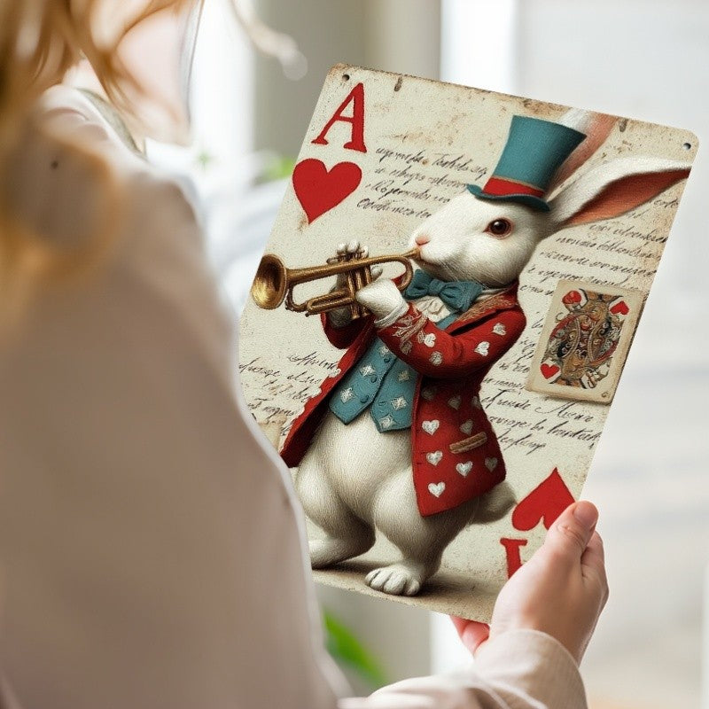 White Rabbit Metal Sign Vintage Ace of Hearts Playing Card Magic Bunny Decor
