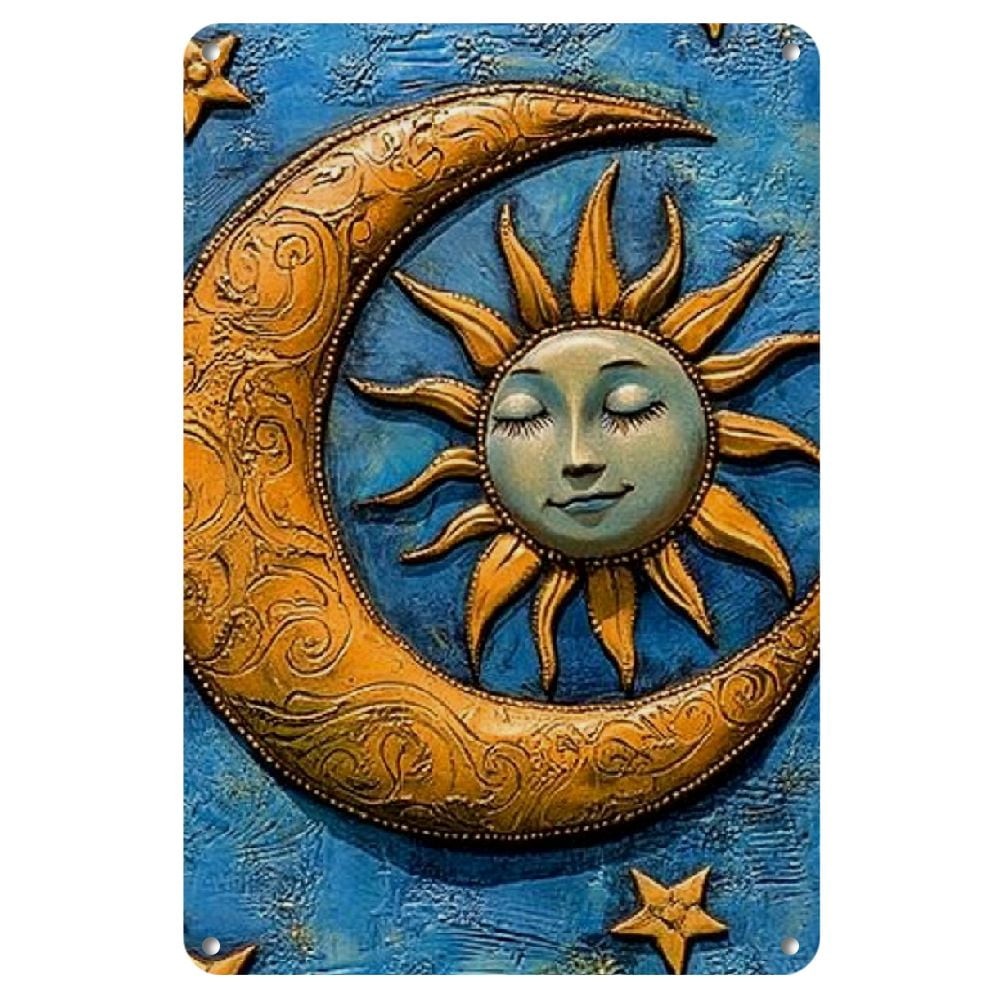 Celestial Sun and Moon Metal Sign Vintage Celestial Blue Gold Stars Wall Decor