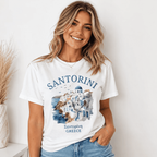 Santorini Greece Watercolor Tee - Blue Dome Village Scenic Travel Gift