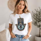 Women Boho Hamsa Hand Evil Eye Graphic T-Shirt Casual Short Sleeve Tee Top