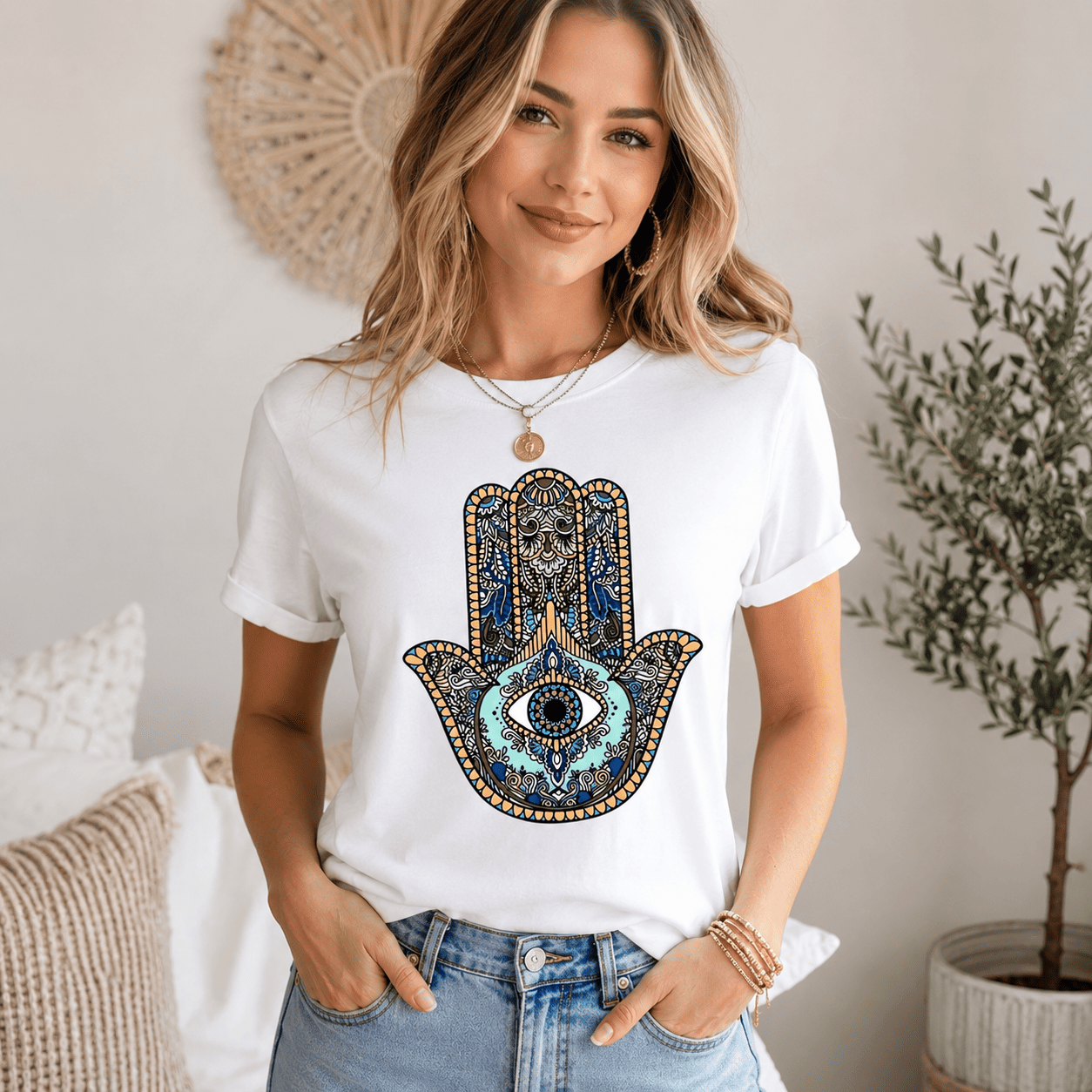 Women Boho Hamsa Hand Evil Eye Graphic T-Shirt Casual Short Sleeve Tee Top