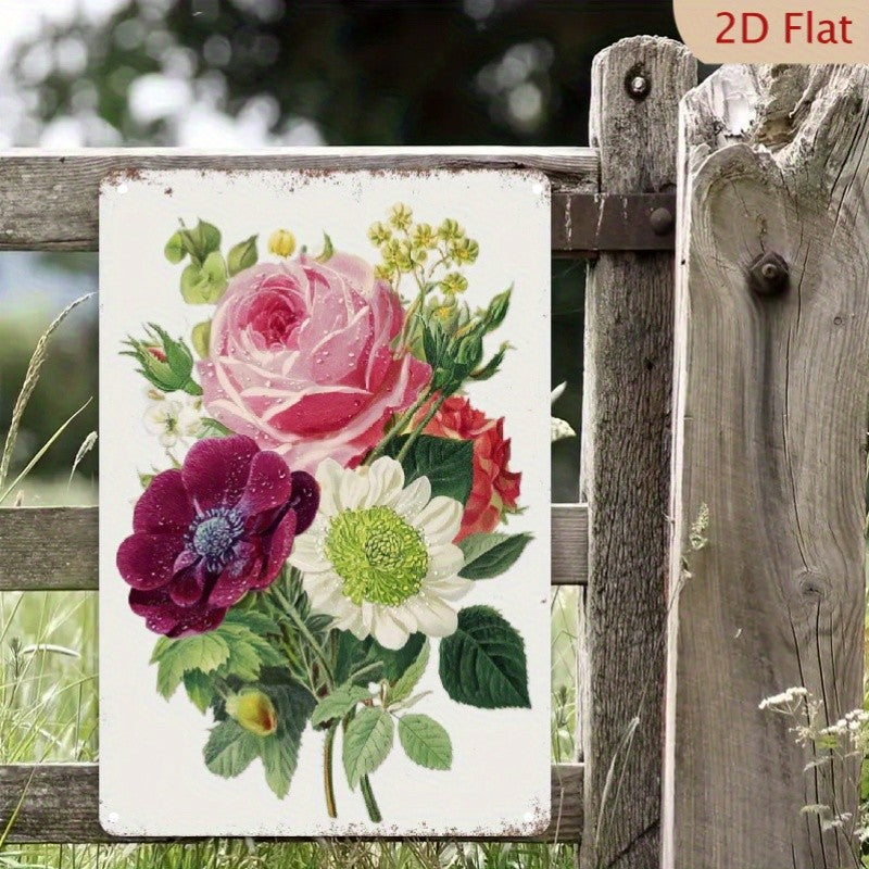 Rustic Botanical Rose Metal Sign - Retro Floral Bouquet Tin Wall Decor