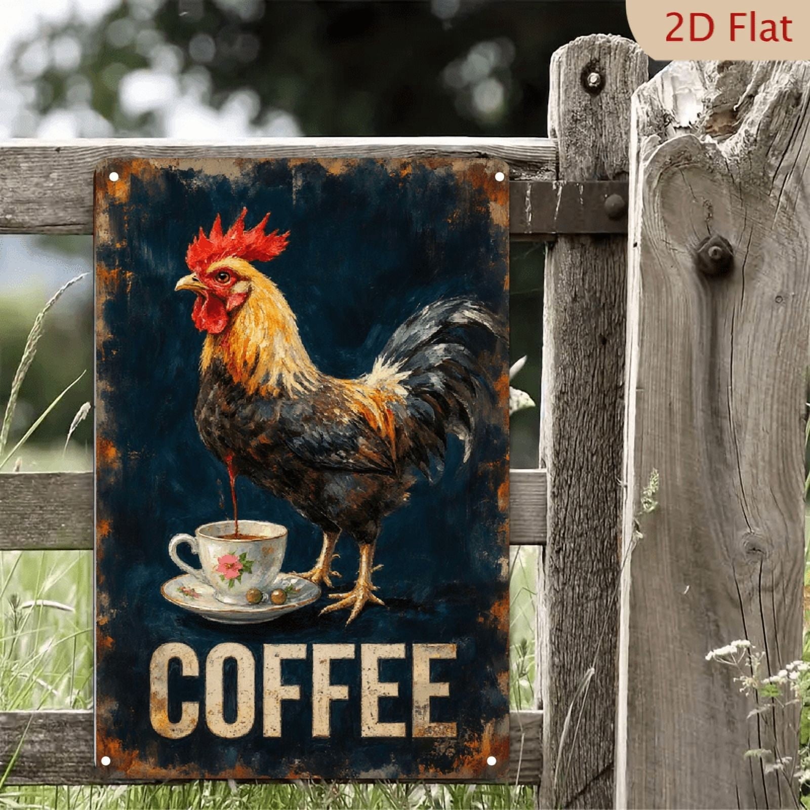 Vintage Rooster Coffee Metal Sign Retro Farmhouse Kitchen Cafe Bar Wall Decor