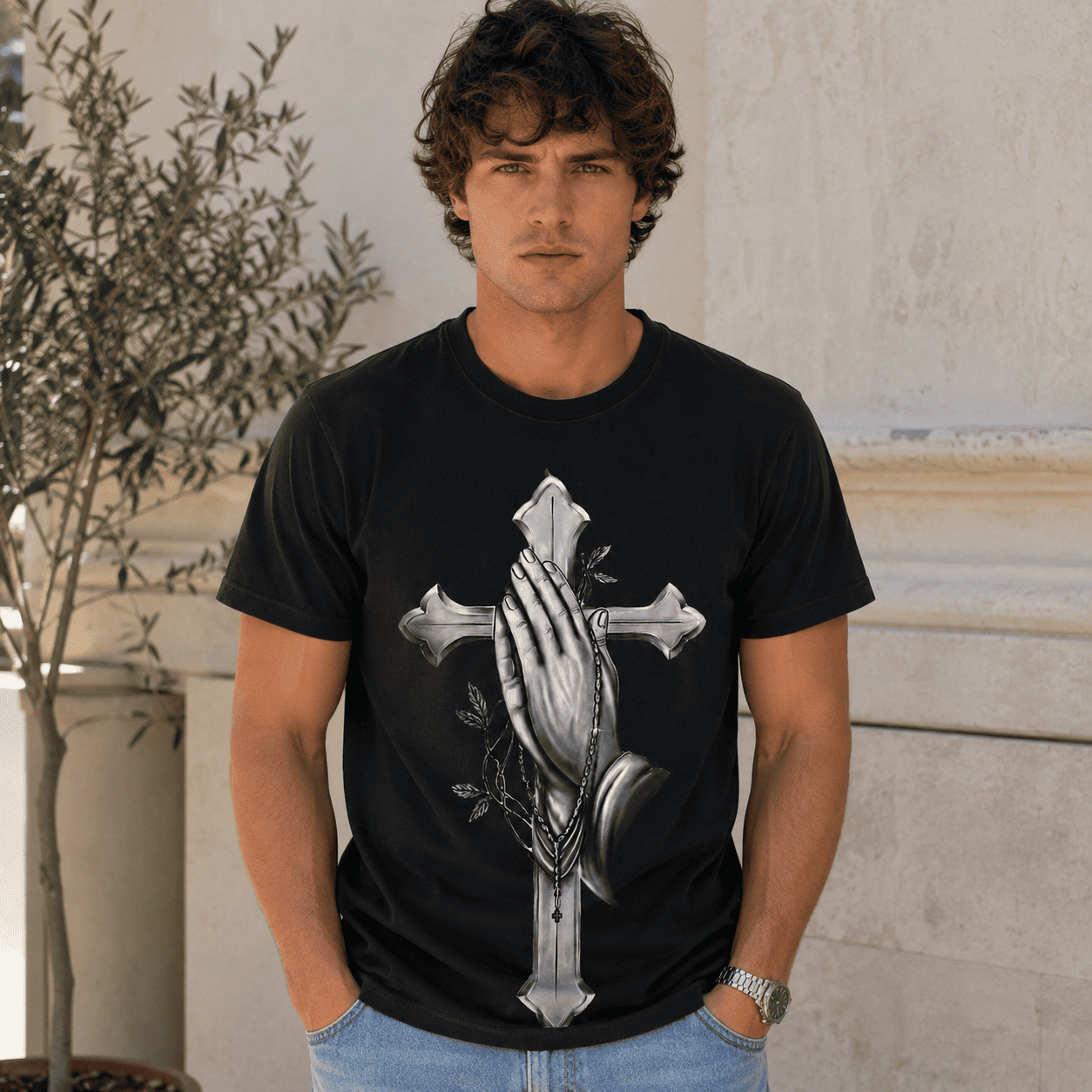 Praying Hands Cross Christian Graphic Men’s T-Shirt Religious Faith Tee
