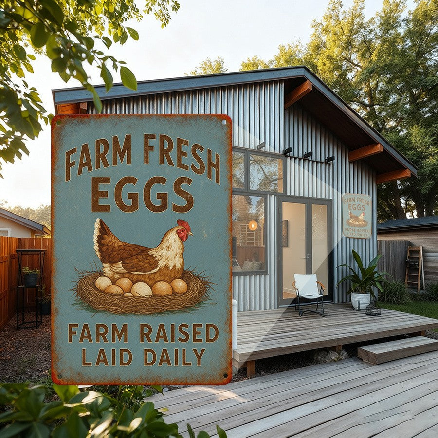 Rustic Farm Fresh Eggs Metal Tin Sign - Retro Chicken Raised Laid Daily Plaque