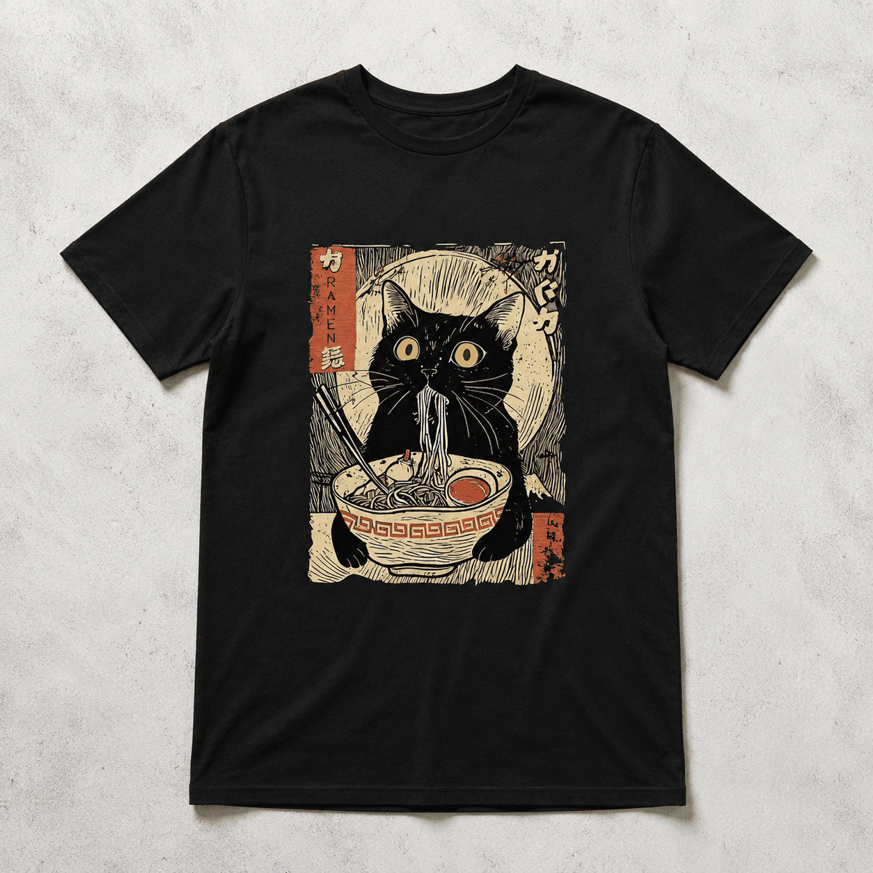 Ramen Cat Graphic Tee - Vintage Japanese Ukiyo-e Style Black Cat T-Shirt