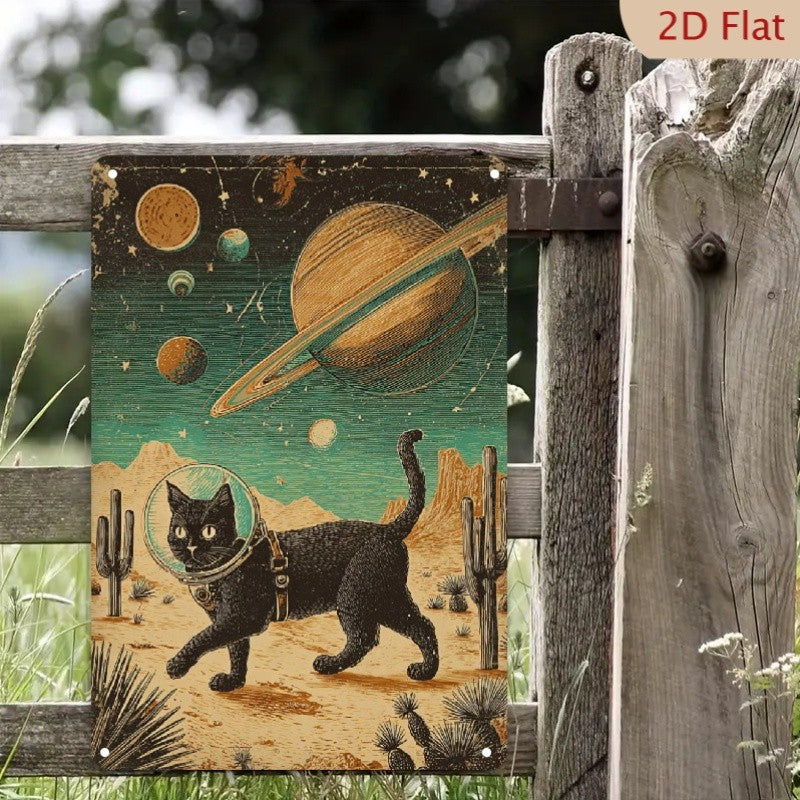 Astronaut Cat Metal Sign - Space Travel Cat Tin Wall Art Decor Plaque