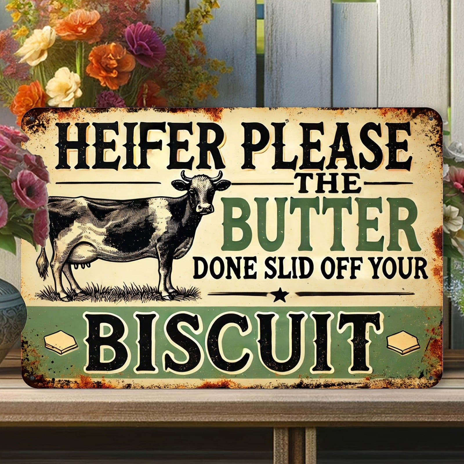 Sarcastic Farmhouse Humor Tin Sign - Vintage "Biscuit" Cow Metal Poster