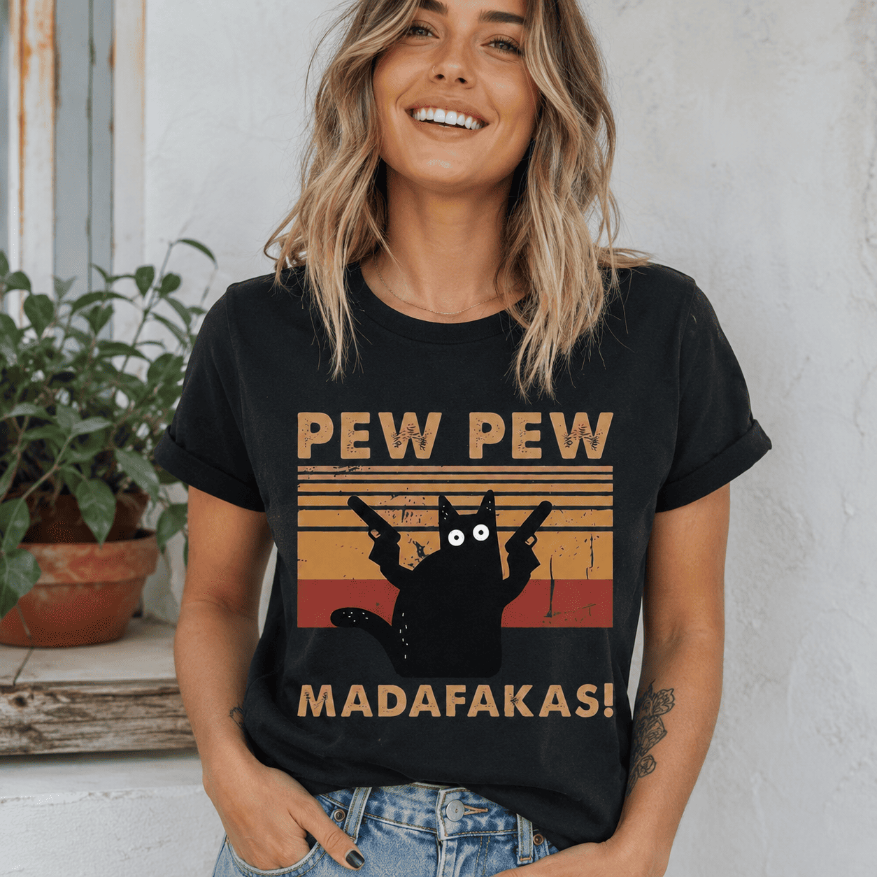Pew Pew Madafakas Cat Shirt – Funny Black Cat Sunset Graphic Tee