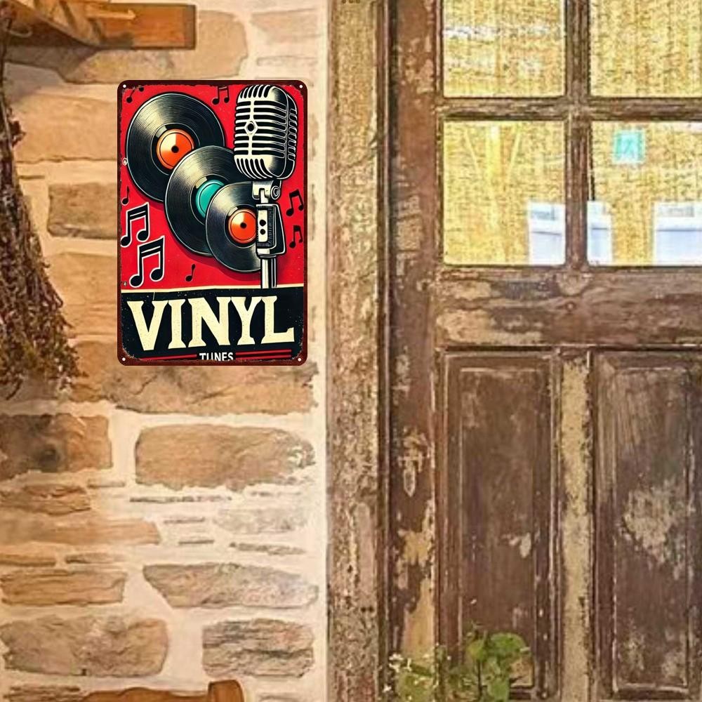Rustic Vinyl Records Tin Sign - Microphone Metal Poster Wall Art Decor