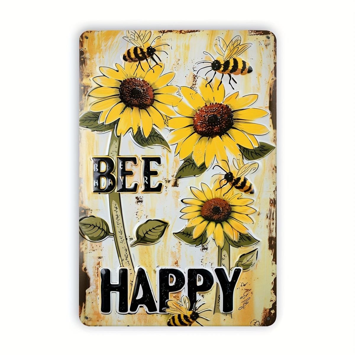 Bee Happy Tin Sign Vintage Sunflower Metal Sign Funny Farmhouse Kitchen Decor