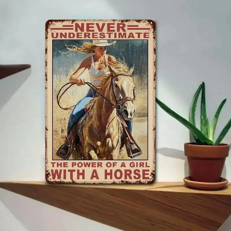 Retro Western Tin Sign Never Underestimate The Power Of A Girl With A Horse