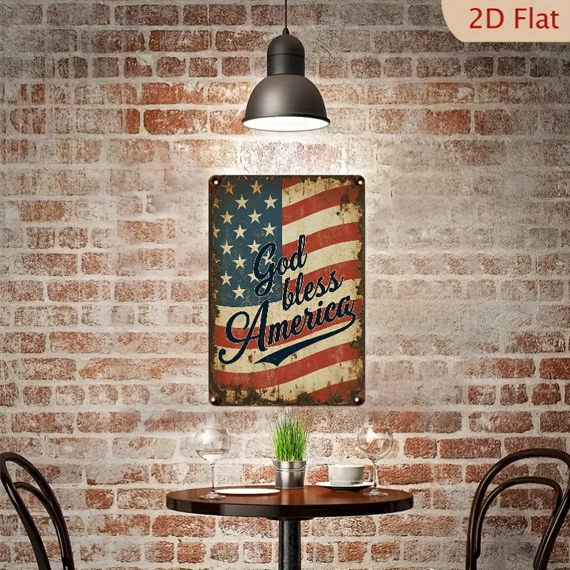 Vintage God Bless America Metal Tin Sign Retro USA Flag Patriotic Wall Decor