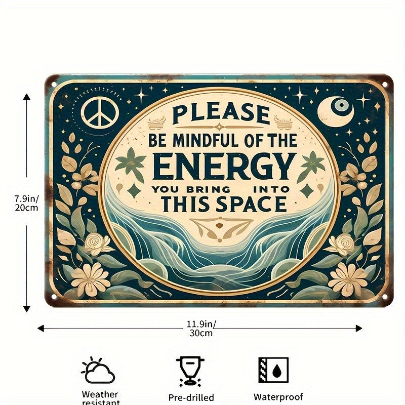 Mindful Of The Energy Tin Sign Celestial Metal Wall Art Yoga Studio Room Decor