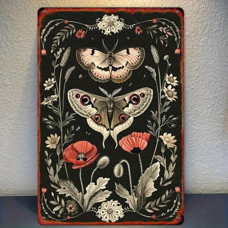 Vintage Goth Moth Metal Sign - Retro Botanical Poppy Flower Tin Wall Decor