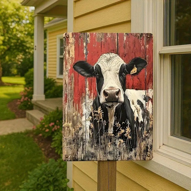 Rustic Barn Cow Metal Sign - Vintage Farmhouse Black and White Tin Decor