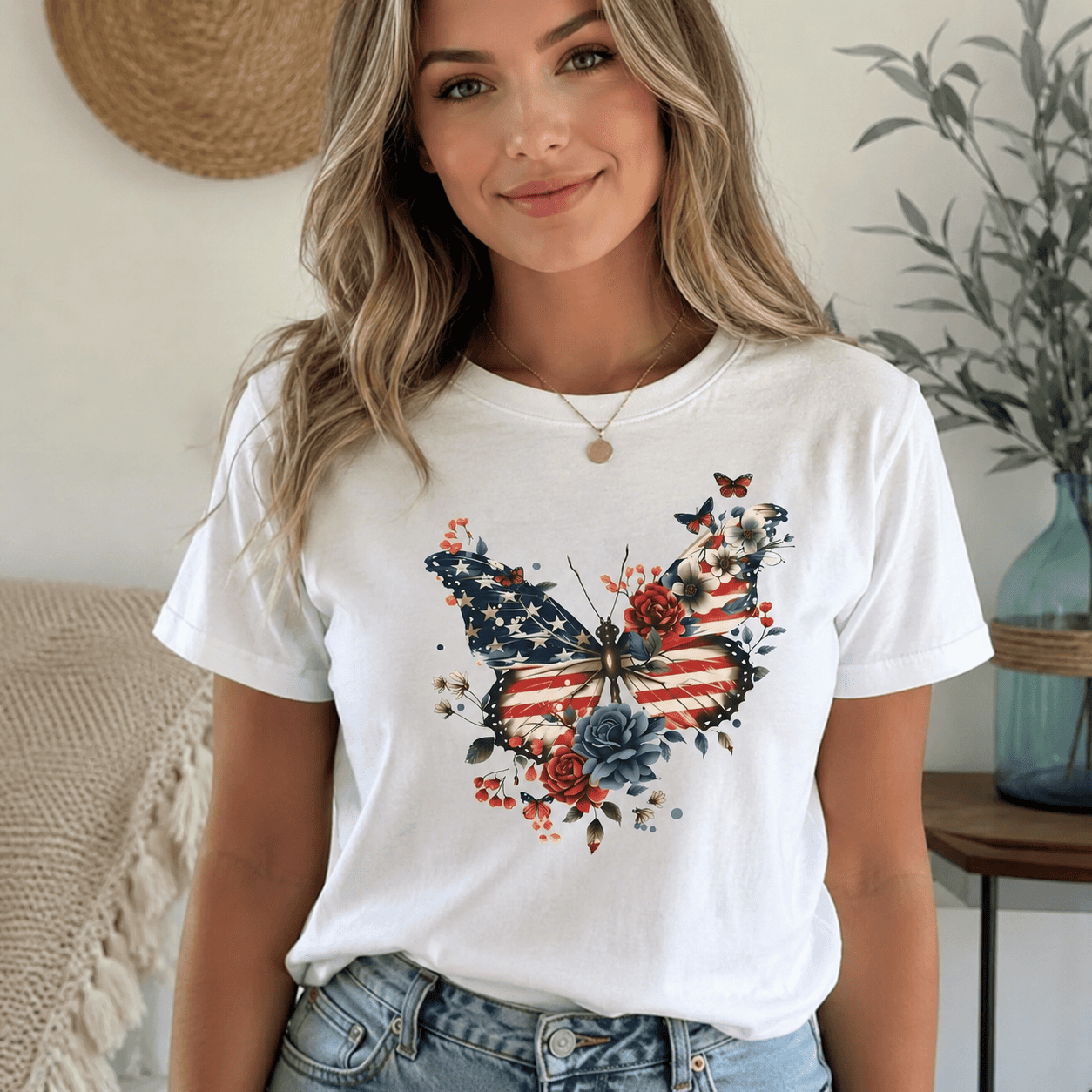 Patriotic Butterfly Floral Graphic Tee - USA Flag Wings Aesthetic T-Shirt