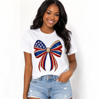 Patriotic Sequin Bow Graphic Tee - USA Flag Coquette Aesthetic T-Shirt