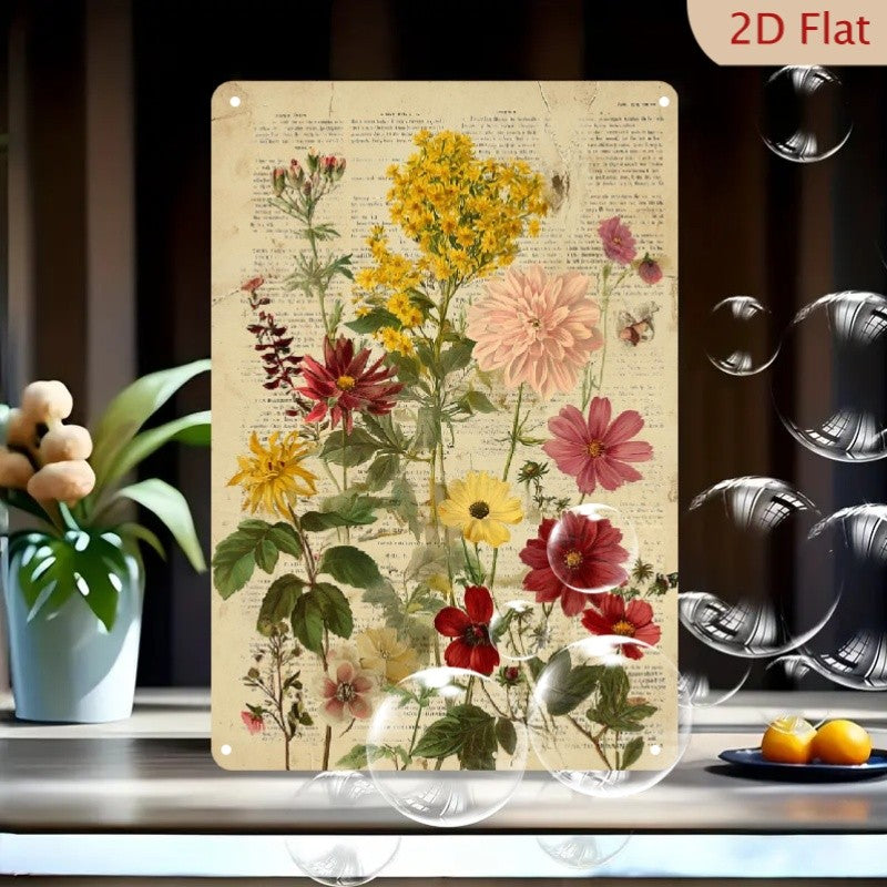 Cottagecore Wildflower Herbarium Tin Sign - Antique Script Metal Poster Art