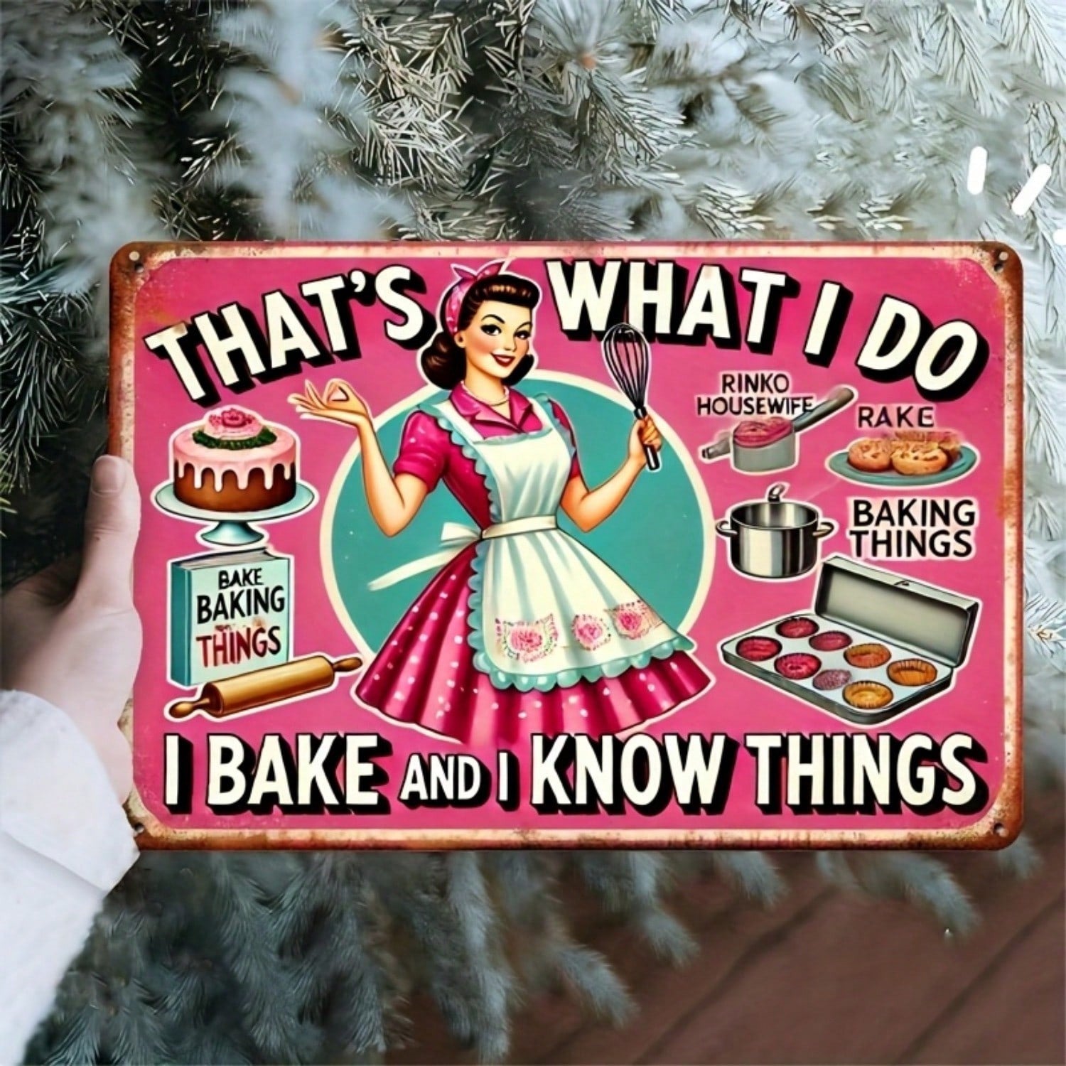 Retro Pink Baking Metal Tin Sign - Vintage 1950s Housewife Kitchen Metal Decor
