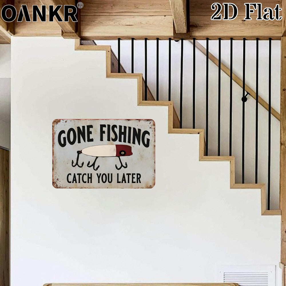 Gone Fishing Catch You Later Tin Sign Vintage Metal Lure Wall Decor Cabin Gift