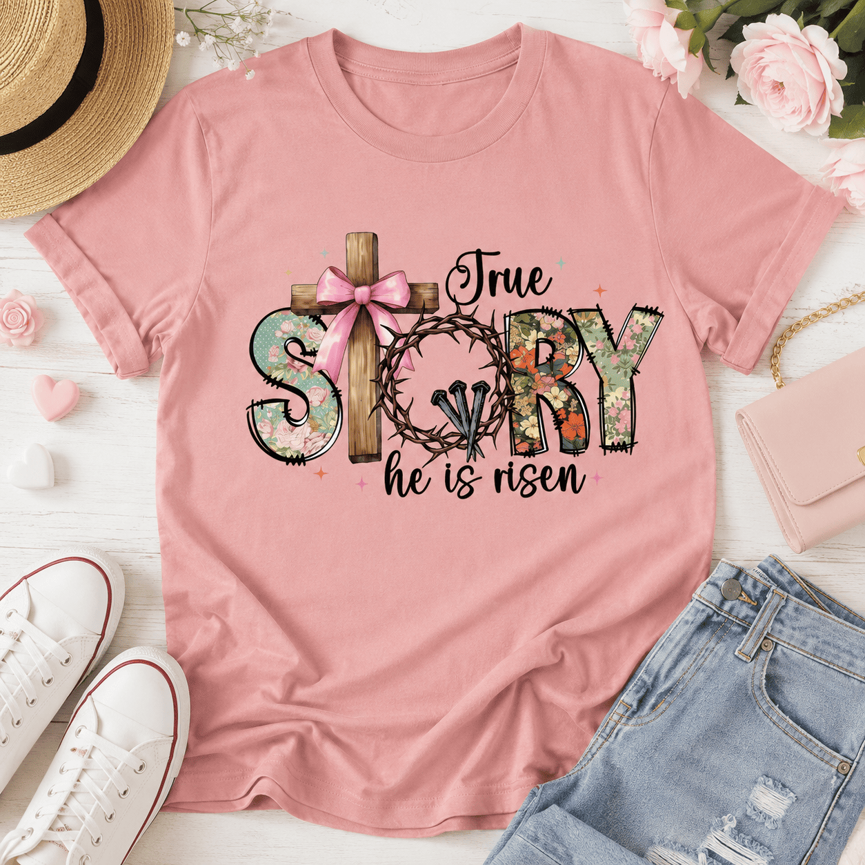 Women's He Is Risen True Story Easter Graphic T-Shirt Christian Casual Tee