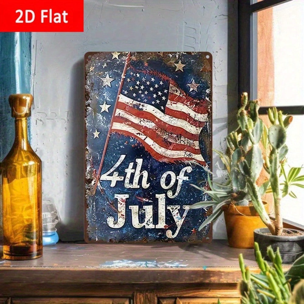 Rustic Independence Day Metal Tin Sign - USA Stars & Stripes Garage Wall Decor