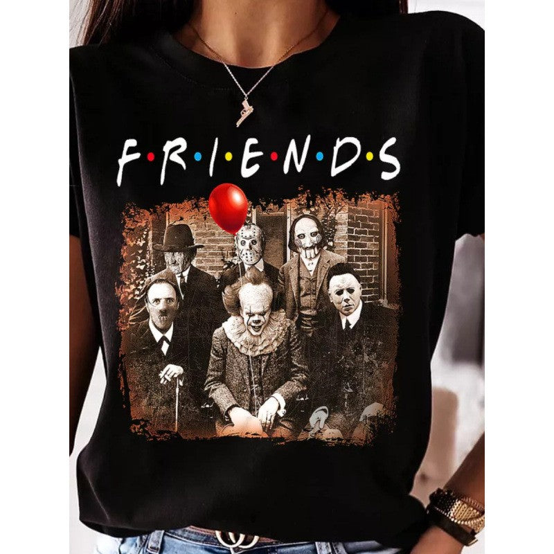 Horror Friends Graphic T-Shirt Funny Scary Clown Casual Black Streetwear Tee