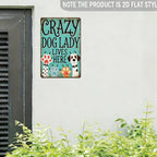 Funny Crazy Dog Lady Lives Here Metal Tin Sign Retro Teal Puppy Paw Wall Plaque