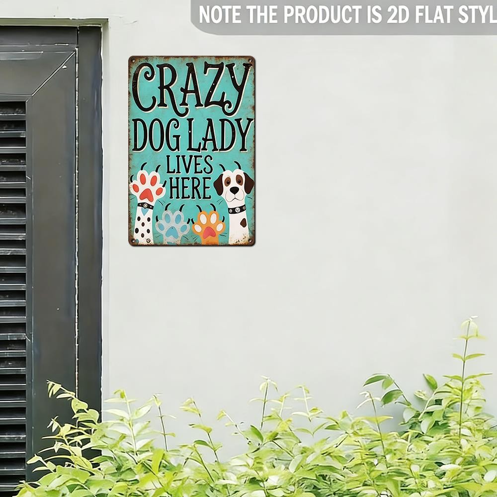 Funny Crazy Dog Lady Lives Here Metal Tin Sign Retro Teal Puppy Paw Wall Plaque