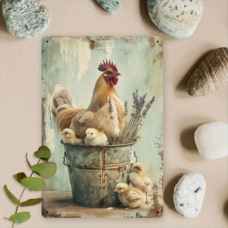 Rustic Hen and Chicks Tin Sign - Cute Country Farmhouse Kitchen Plaque Art