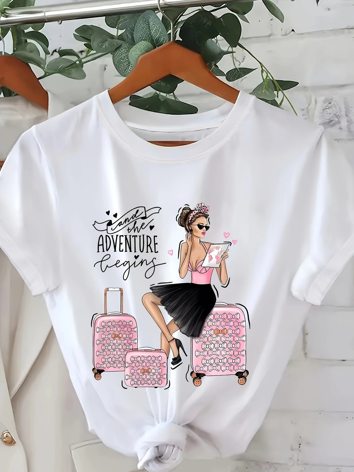 Women Adventure Begins Travel Graphic T-Shirt Suitcase Print Casual Tee