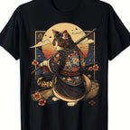 Black Cat Samurai Graphic T-Shirt Japanese Anime Style Streetwear Tee