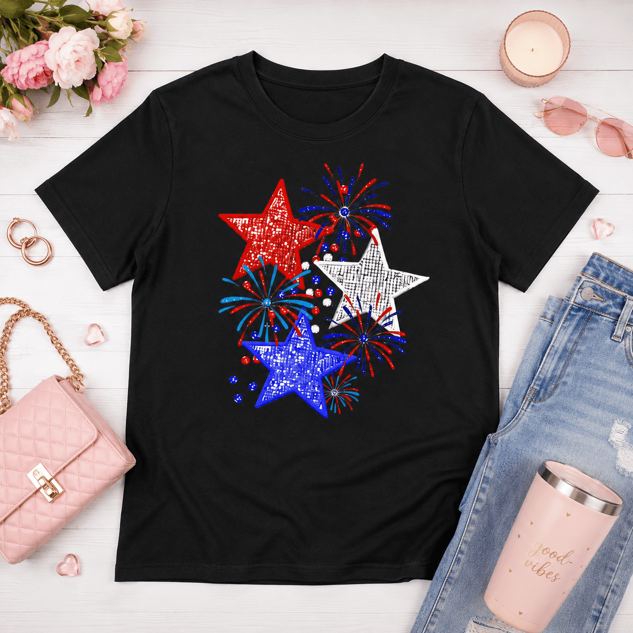 Patriotic Red White & Blue Stars T-Shirt Bling Firework Celebration Graphic Tee