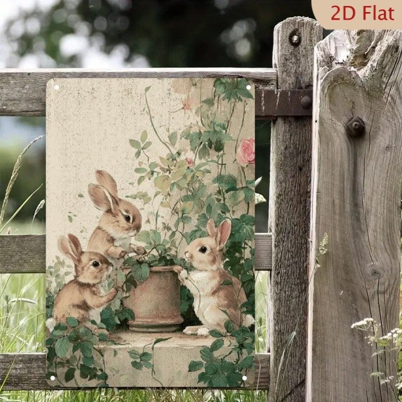 Rabbit Metal Sign - Vintage Style Garden Bunnies Tin Wall Art Decor