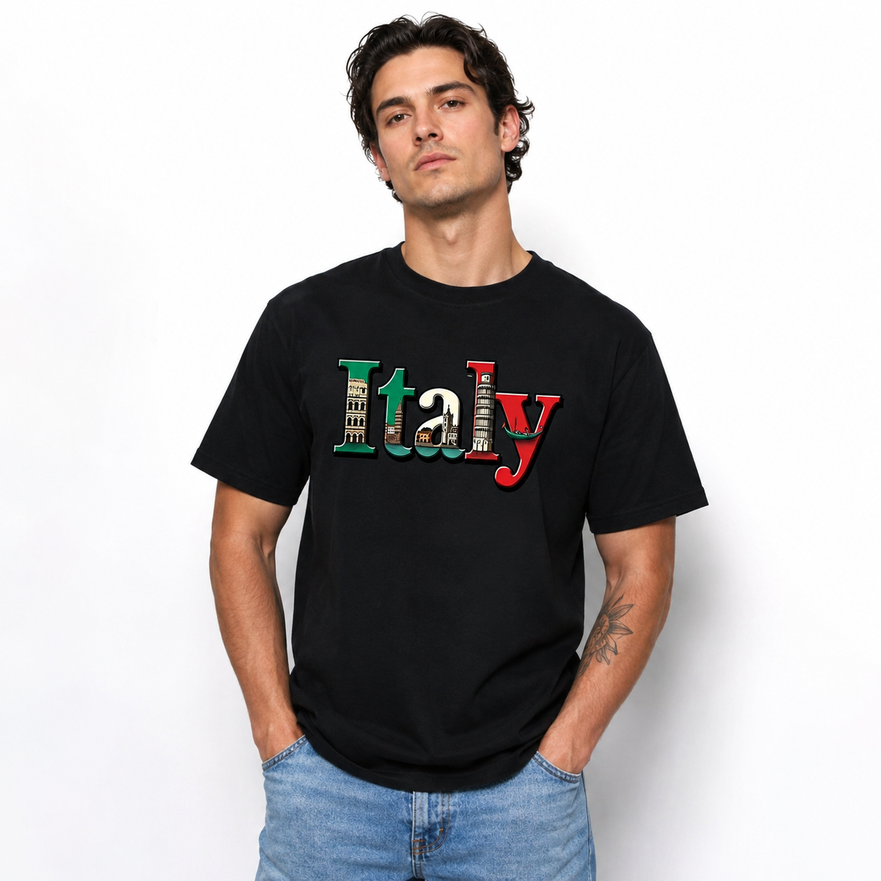 Mens Italian Pride T Shirt Italy Map Flag Pisa Tower Colosseum Graphic Tee