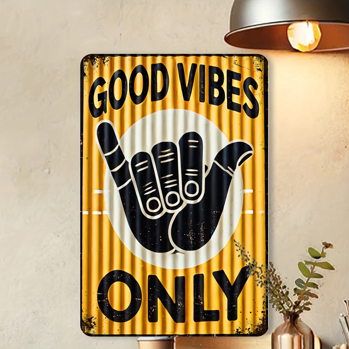 Good Vibes Only Shaka Hand Metal Tin Sign Retro Yellow Tiki Bar Wall Decor