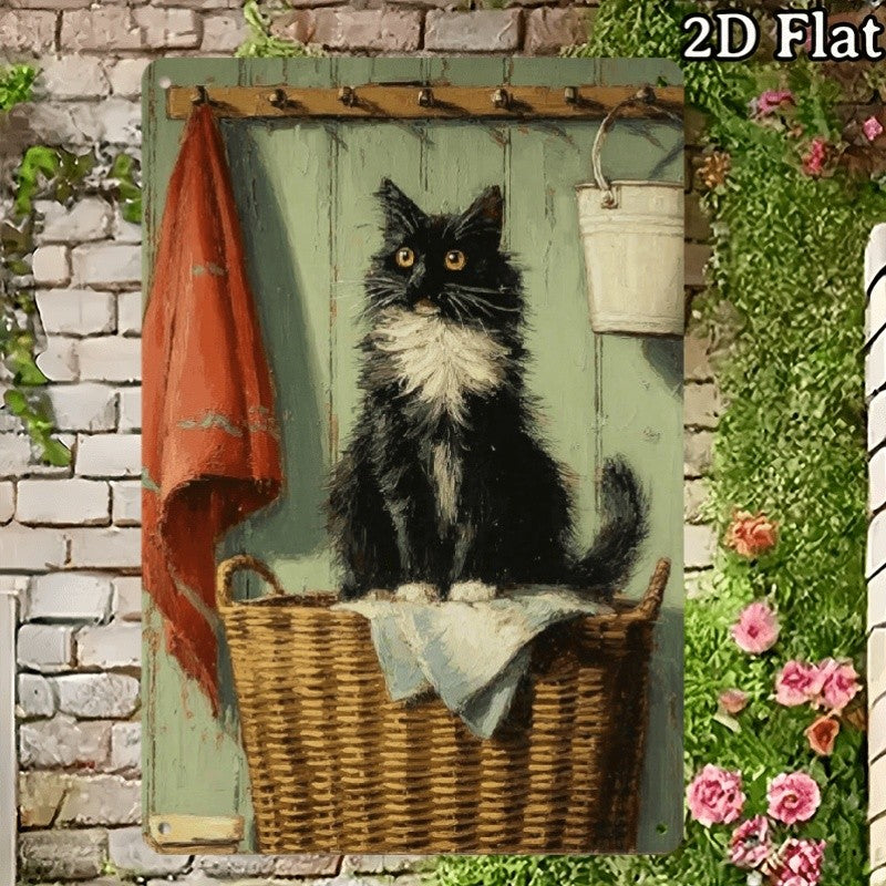 Vintage Tuxedo Cat Laundry Metal Sign - Retro Fluffy Black Cat Tin Wall Decor