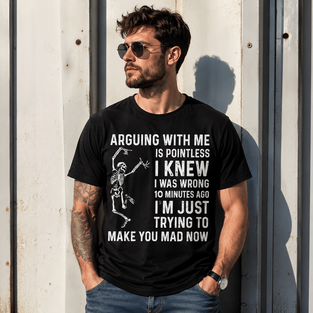 Funny Skeleton Arguing T-Shirt – “Arguing With Me Is Pointless” Graphic Tee
