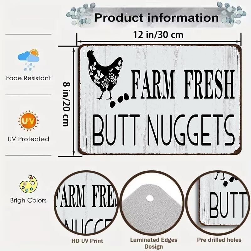 Funny Farm Fresh Butt Nuggets Metal Sign Retro Chicken Egg Farmhouse Wall Decor