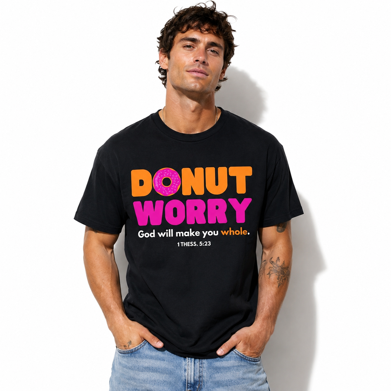 Donut Worry God Will Make You Whole Christian Funny Donut Men’s T-Shirt Gift Tee
