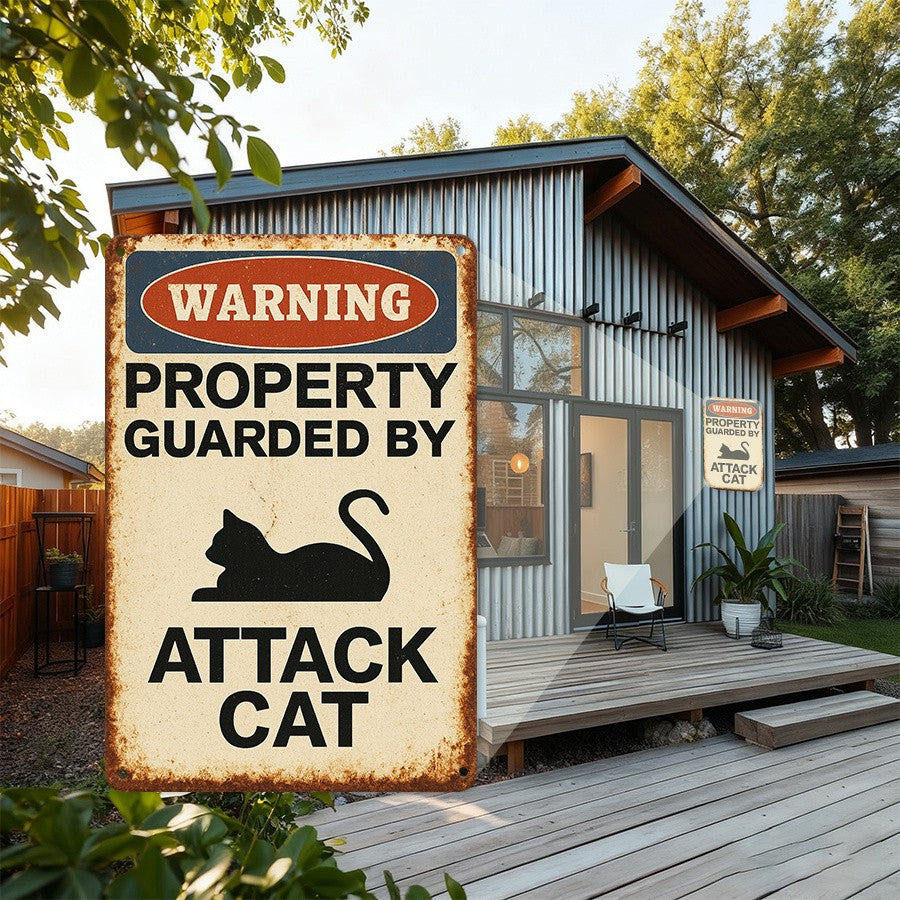 Funny Attack Cat Metal Sign Vintage Security Warning Notice Fence Gate Wall Art