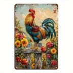 Rooster Metal Sign - Floral Farmhouse Tin Wall Art Country Decor Plaque