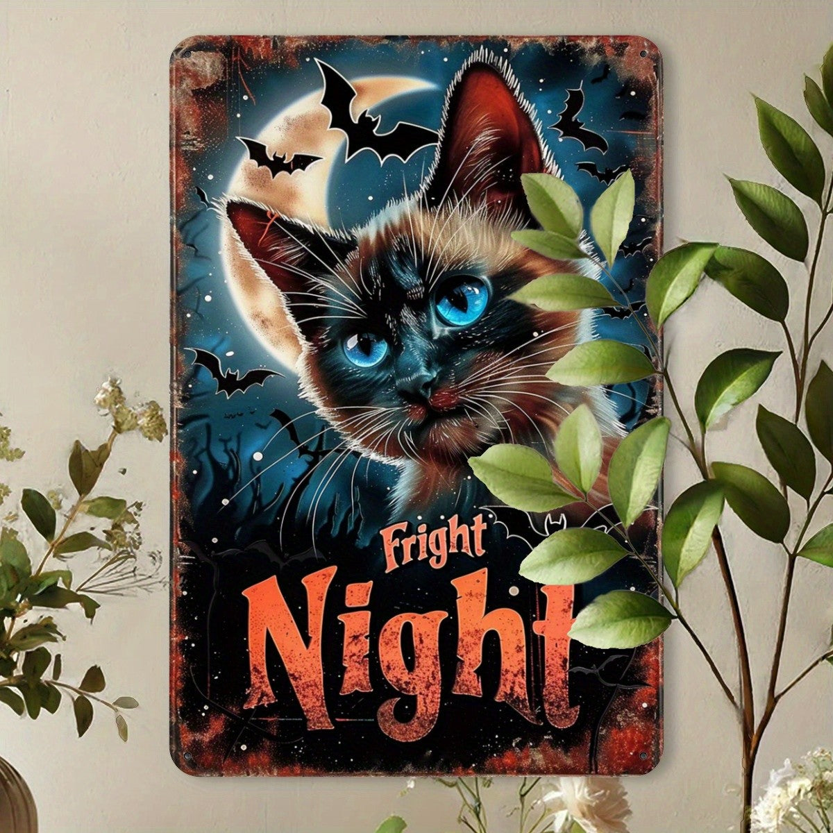 "Fright Night" Metal Sign - Halloween Cat Tin Wall Art Decor Plaque