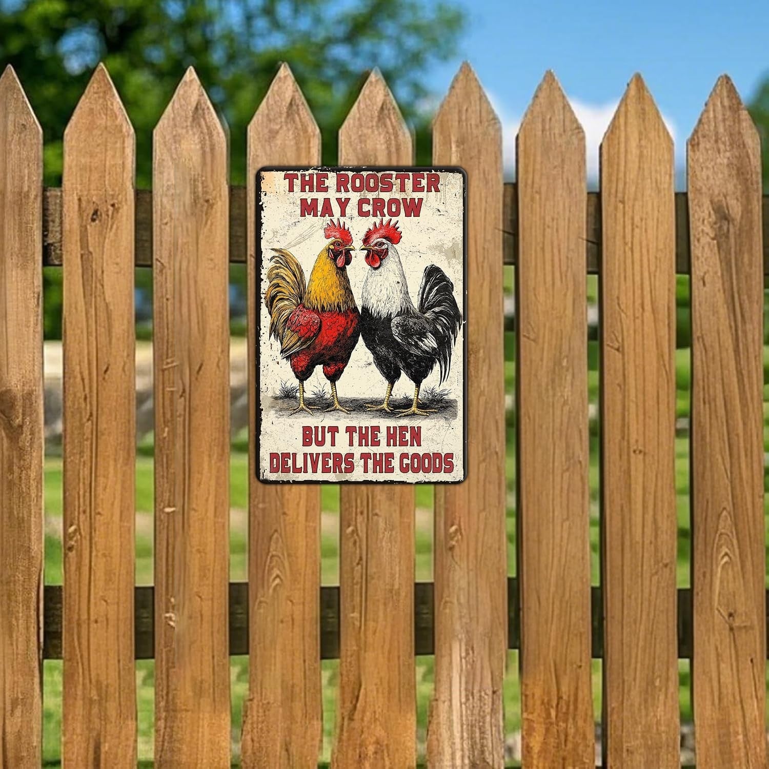 Funny Rooster Metal Sign Vintage Hen Delivers The Goods Chicken Coop Decor