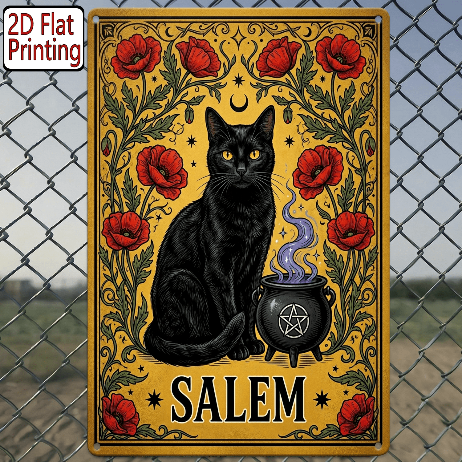 Salem Metal Sign - Black Cat Cauldron Tin Wall Art Decor Plaque