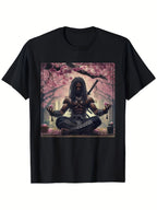 Japanese Samurai Meditation Graphic T-Shirt Cherry Blossom Warrior Tee