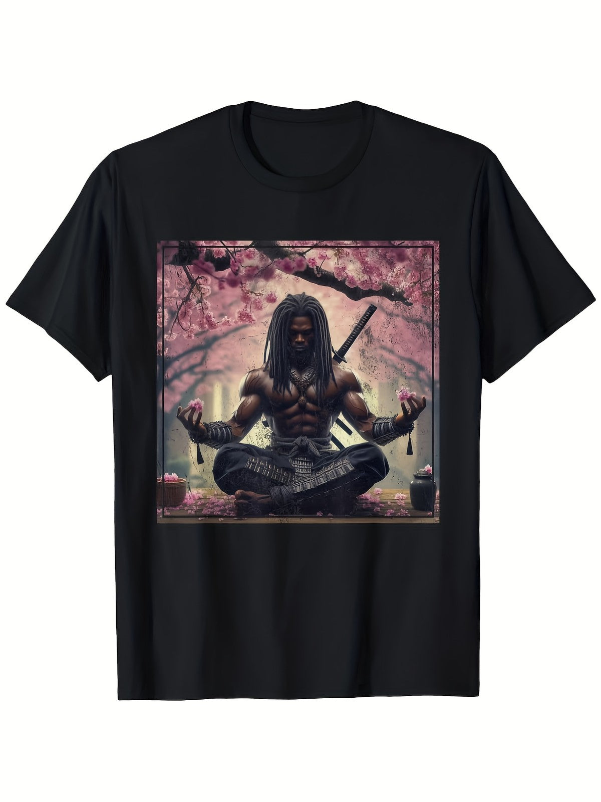 Japanese Samurai Meditation Graphic T-Shirt Cherry Blossom Warrior Tee